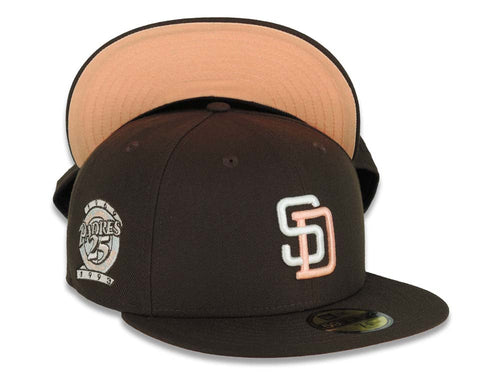 San Diego Padres New Era MLB 59FIFTY 5950 Fitted Cap Hat Brown Crown/Visor Cream/Peach Logo 25th Anniversary Side Patch Peach UV