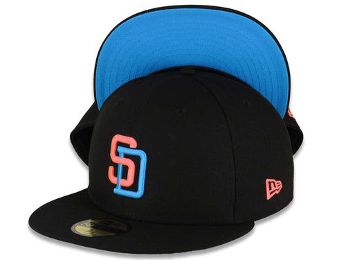 San Diego Padres New Era MLB 59FIFTY 5950 Fitted Cap Hat Black Crown/Visor Pink Glow/Blue Logo Blue UV