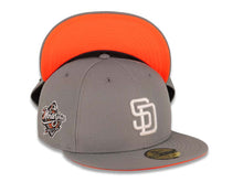 Load image into Gallery viewer, San Diego Padres New Era MLB 59FIFTY 5950 Fitted Cap Hat Gray Crown/Visor White Logo 1998 World Series Side Patch Orange UV
