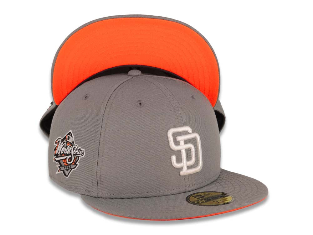 San Diego Padres New Era MLB 59FIFTY 5950 Fitted Cap Hat Gray Crown/Visor White Logo 1998 World Series Side Patch Orange UV