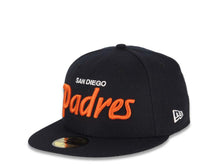 Load image into Gallery viewer, San Diego Padres New Era MLB 59FIFTY 5950 Fitted Cap Hat Navy Blue Crown/Visor White/Orange Script Logo 40th Anniversary Side Patch Gray UV
