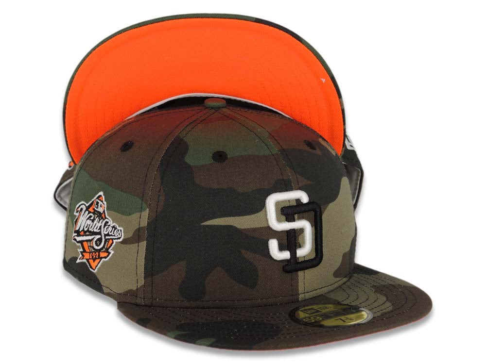 San Diego Padres New Era MLB 59FIFTY 5950 Fitted Cap Hat Camo Crown/Visor White/Black Logo 1998 World Series Side Patch Neon Orange UV