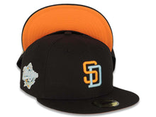 Load image into Gallery viewer, San Diego Padres New Era MLB 59FIFTY 5950 Fitted Cap Hat Black Crown/Visor Light Orange/Sky Blue Logo 1998 World Series Side Patch Light Orange UV
