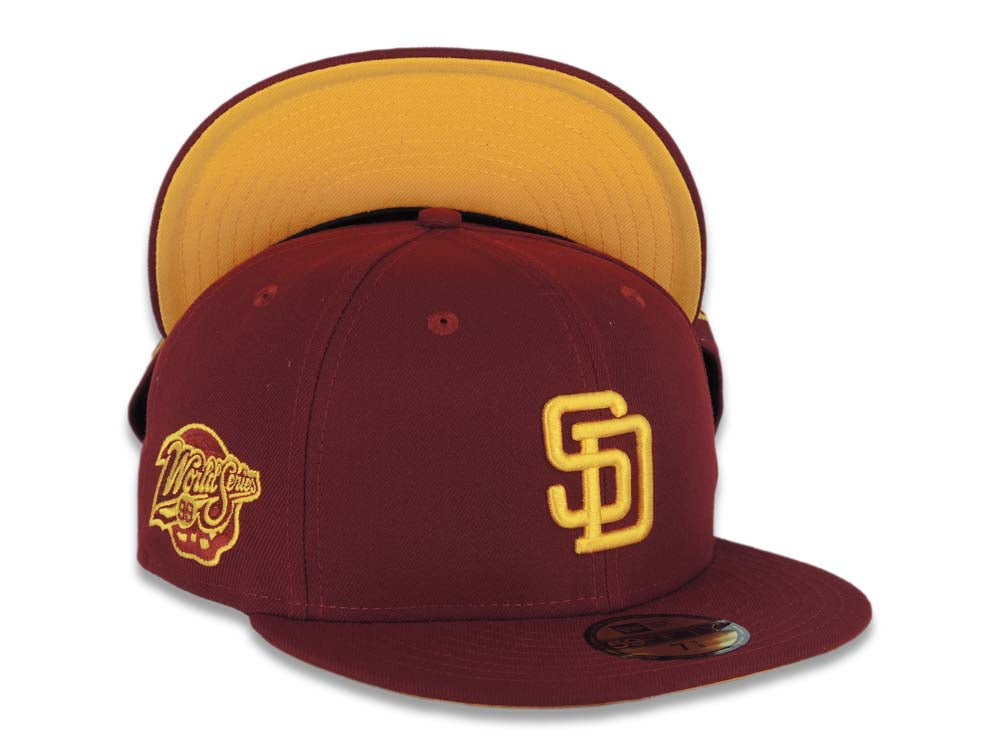 San Diego Padres New Era MLB 59FIFTY 5950 Fitted Cap Hat Cardinal Crown/Visor Yellow Logo 1998 World Series Side Patch Yellow UV