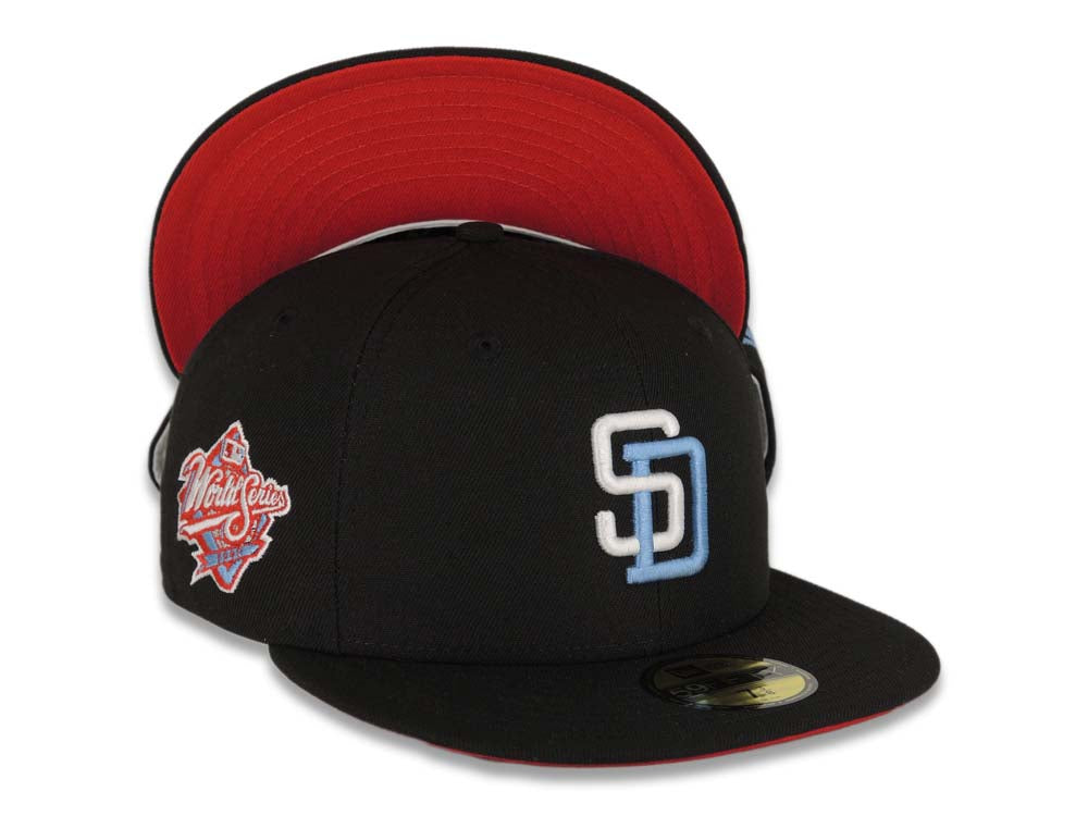 San Diego Padres New Era MLB 59FIFTY 5950 Fitted Cap Hat Black Crown/Visor White/Sky Blue Logo 1998 World Series Side Patch Red UV