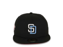 Load image into Gallery viewer, San Diego Padres New Era MLB 59FIFTY 5950 Fitted Cap Hat Black Crown/Visor White/Sky Blue Logo 1998 World Series Side Patch Red UV
