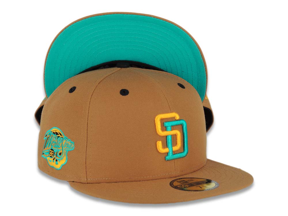 San Diego Padres New Era MLB 59FIFTY 5950 Fitted Cap Hat Light Brown Crown/Visor Yellow/Teal Logo 1998 World Series Side Patch Teal UV