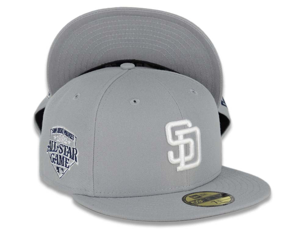 San Diego Padres New Era MLB 59FIFTY 5950 Fitted Cap Hat Gray Crown/Visor White Logo 1992 All-Star Game Side Patch Gray UV