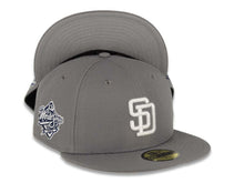 Load image into Gallery viewer, San Diego Padres New Era MLB 59FIFTY 5950 Fitted Cap Hat Gray Crown/Visor White Logo 1998 World Series Side Patch Gray UV
