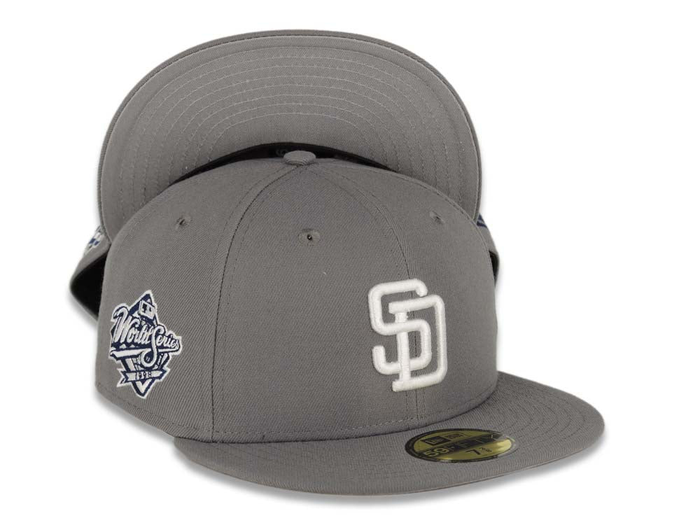 San Diego Padres New Era MLB 59FIFTY 5950 Fitted Cap Hat Gray Crown/Visor White Logo 1998 World Series Side Patch Gray UV