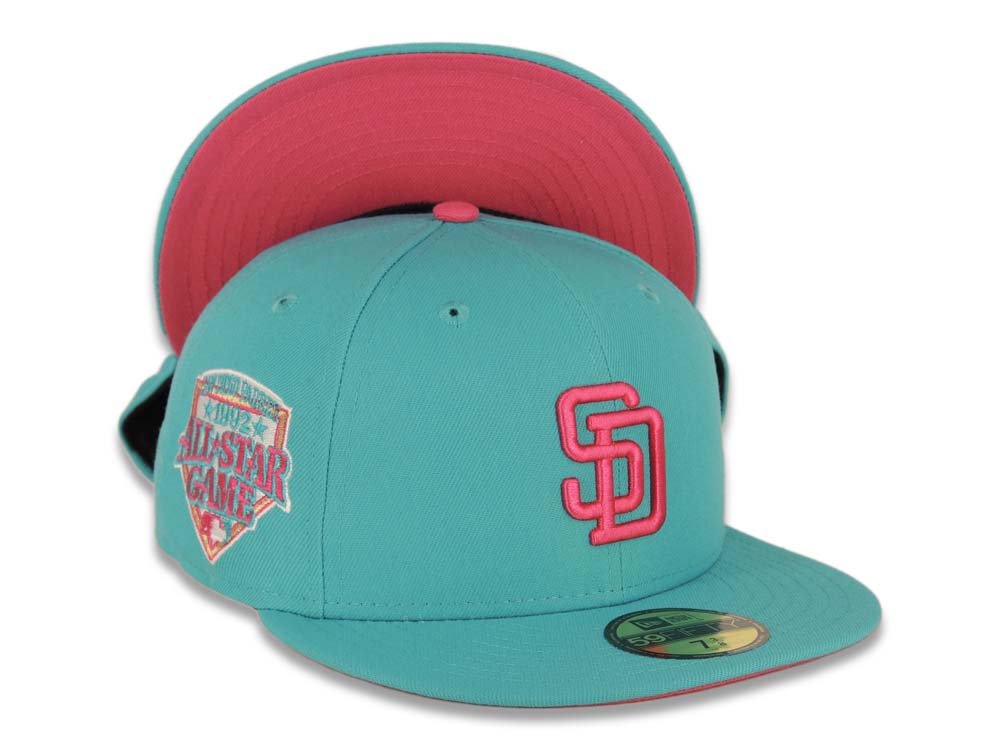 San Diego Padres New Era MLB 59FIFTY 5950 Fitted Cap Hat Teal Crown/Visor Magenta Logo 1992 All-Star Game Side Patch Magenta UV