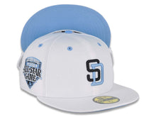 Load image into Gallery viewer, San Diego Padres New Era MLB 59FIFTY 5950 Fitted Cap Hat White Crown/Visor Black/Sky Blue Logo 1992 All-Star Game Side Patch Sky Blue UV
