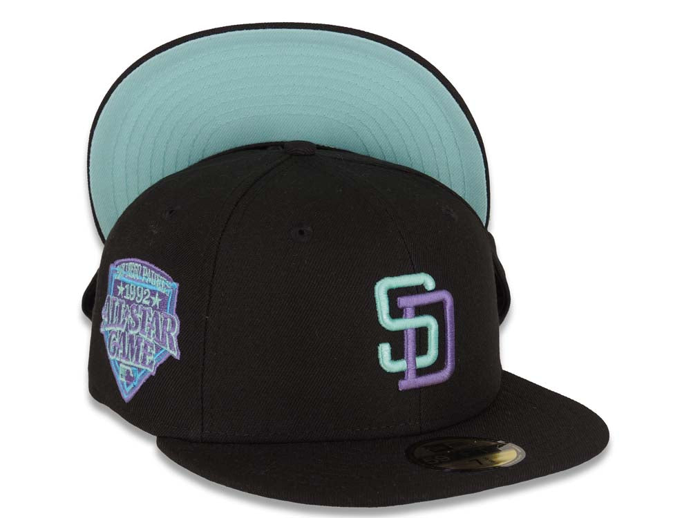 San Diego Padres New Era MLB 59FIFTY 5950 Fitted Cap Hat Black Crown/Visor Light Teal/Light Purple Logo 1992 All-Star Game Side Patch Light Teal UV