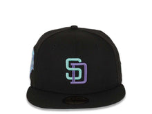 Load image into Gallery viewer, San Diego Padres New Era MLB 59FIFTY 5950 Fitted Cap Hat Black Crown/Visor Light Teal/Light Purple Logo 1992 All-Star Game Side Patch Light Teal UV
