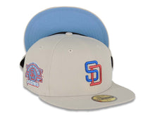 Load image into Gallery viewer, San Diego Padres New Era MLB 59FIFTY 5950 Fitted Cap Hat Stone Crown/Visor Metallic Red/Metallic Blue Logo Stadium Side Patch Sky Blue UV
