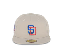 Load image into Gallery viewer, San Diego Padres New Era MLB 59FIFTY 5950 Fitted Cap Hat Stone Crown/Visor Metallic Red/Metallic Blue Logo Stadium Side Patch Sky Blue UV
