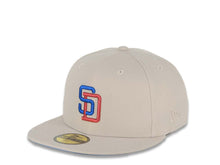 Load image into Gallery viewer, San Diego Padres New Era MLB 59FIFTY 5950 Fitted Cap Hat Stone Crown/Visor Metallic Red/Metallic Blue Logo Stadium Side Patch Sky Blue UV
