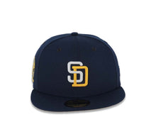 Load image into Gallery viewer, San Diego Padres New Era MLB 59FIFTY 5950 Fitted Cap Hat Navy Blue Crown/Visor White/Yellow Logo 25th Anniversary Side Patch Yellow UV
