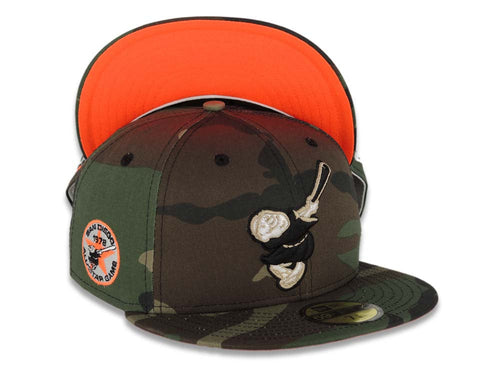 San Diego Padres New Era MLB 59FIFTY 5950 Fitted Cap Hat Camo Crown/Visor Black/Khaki Swinging Friar Logo 1978 All-Star Game Side Patch Neon Orange UV
