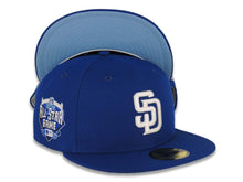 Load image into Gallery viewer, San Diego Padres New Era MLB 59FIFTY 5950 Fitted Cap Hat Light Royal Blue Crown/Visor White Logo 2016 All-Star Game Side Patch Sky Blue UV
