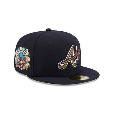 Atlanta Braves New Era MLB 59FIFTY 5950 Fitted Cap Hat Navy Blue Crown/Visor Olive Green/Maroon Logo 40th Anniversary Side Patch (Botanical)