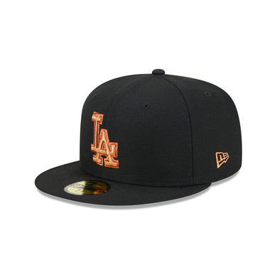 Los Angeles Dodgers New Era MLB 59FIFTY 5950 Fitted Cap Hat Black Crown/Visor Metallic Brown/ Orange Logo (Metallic Pop)