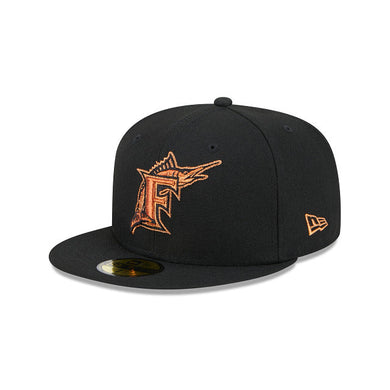 Florida Marlins New Era MLB 59FIFTY 5950 Fitted Cap Hat Black Crown/Visor Metallic Brown/Orange Logo (Metallic Pop)