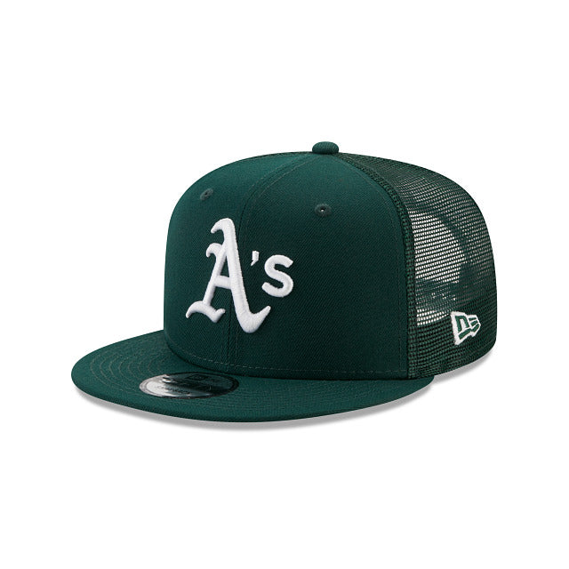 Oakland A's Athletics New Era MLB 9FIFTY 950 Trucker Mesh Snapback Cap Hat Dark Green Crown/Visor White Logo