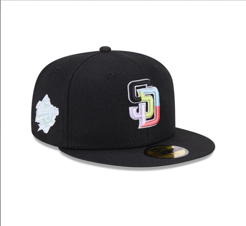 San Diego Padres New Era MLB 9FIFTY 950 Snapback Cap Hat Black Crown/Visor Multi-Color Logo 1998 World Series Side Patch (Color Pack) 