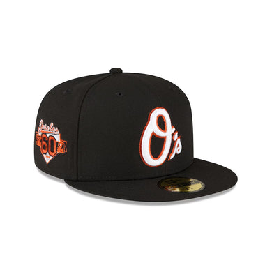 Baltimore Orioles New Era MLB 59FIFTY 5950 Fitted Cap Hat Black Crown/Visor White/Orange Metallic Logo 60th Anniversary Side Patch Green UV