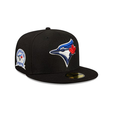 Toronto Blue Jays New Era MLB 59FIFTY 5950 Fitted Cap Hat Black Crown/Visor Team Color Metallic Logo 40th Season Side Patch Green UV