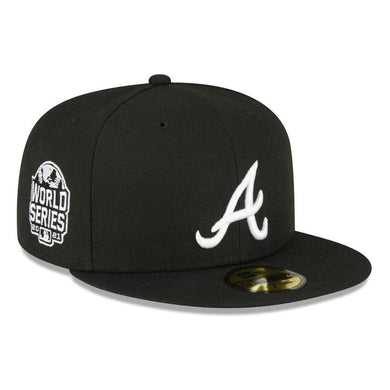 Atlanta Braves New Era MLB 59FIFTY 5950 Fitted Cap Hat Black Crown/Visor White Logo 2001 World Series Side Patch Gray UV