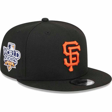 San Francisco Giants New Era MLB 9FIFTY 950 Snapback Cap Hat Black Crown/Visor Orange Logo 2010 World Series Side Patch Gray UV