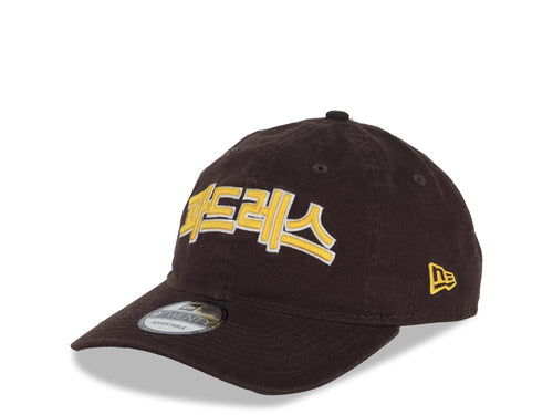 San Diego Padres New Era MLB 9TWENTY 920 Adjustable Cap Hat Dark Brown Crown/Visor Yellow/White Padres Korean Script Logo