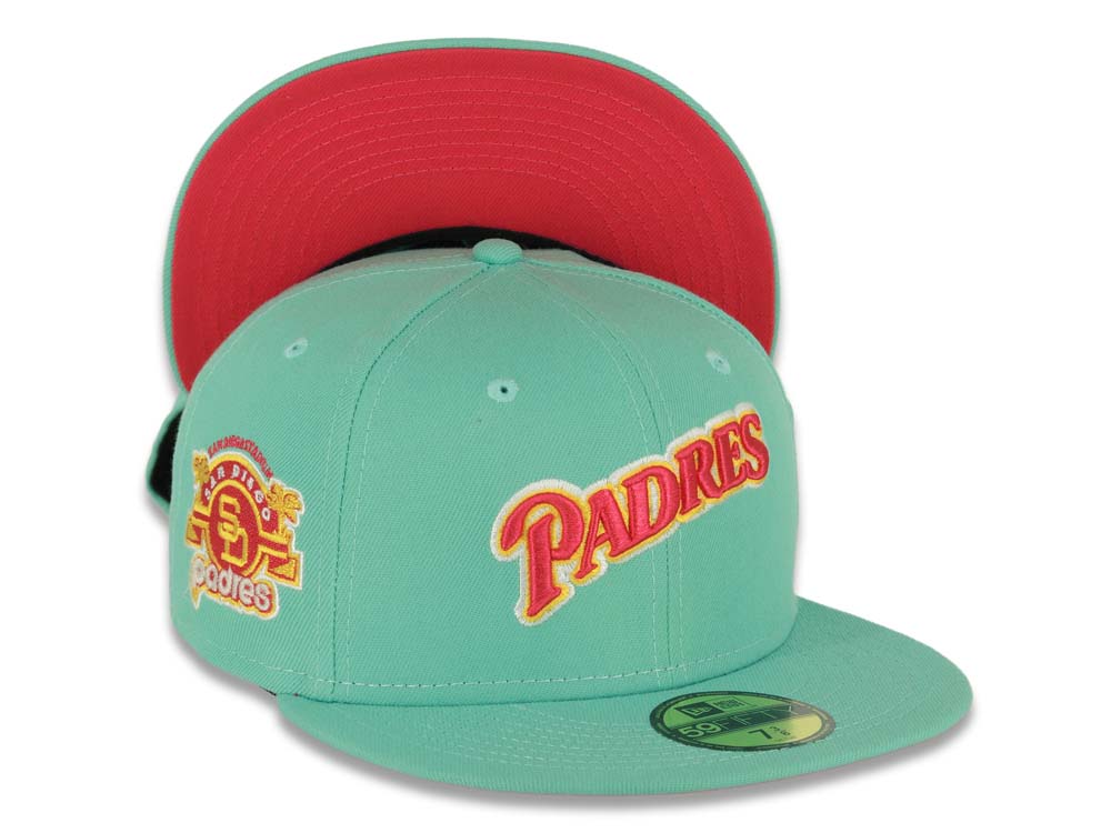 (City Connect Colors) San Diego Padres New Era MLB 59FIFTY 5950 Fitted Cap Hat Light Teal Crown/Visor Magenta/Yellow Script Logo Stadium Side Patch