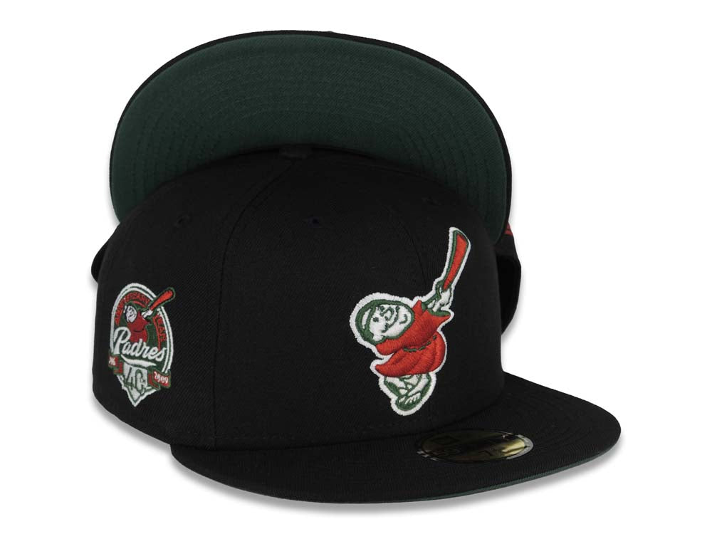 San Diego Padres New Era MLB 59FIFTY 5950 Fitted Cap Hat Black Crown/Visor Red/Green Swinging Friar Logo 40th Anniversary Side Patch Green UV