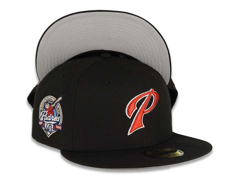 San Diego Padres New Era MLB 59FIFTY 5950 Fitted Cap Hat Black Crown/Visor Metallic Red “P” Logo 40th Anniversary Side Patch White UV