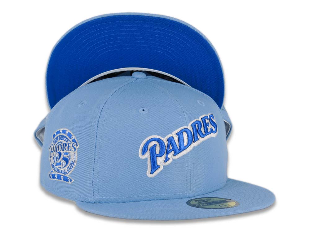 San Diego Padres New Era MLB 59FIFTY 5950 Fitted Cap Hat Sky Blue Crown/Visor Royal Blue/Metallic Silver Script Logo 25th Anniversary Side Patch