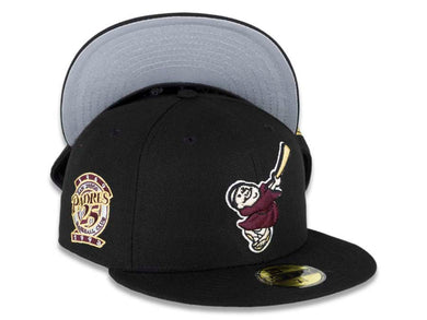 (Youth) San Diego Padres New Era MLB 59FIFTY 5950 Kid Fitted Cap Hat Black Crown/Visor Maroon/Metallic Gold Swinging Friar Logo 25th Anniversary Patch
