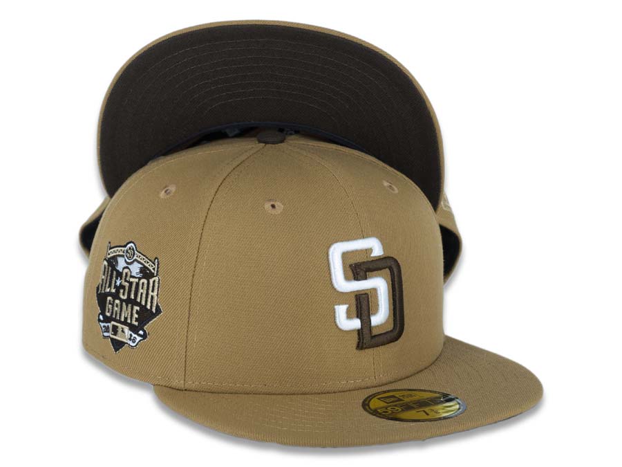(Youth) San Diego Padres New Era MLB 59FIFTY 5950 Fitted Cap Hat Wheat Crown/Visor White/Brown Logo 2016 All-Star Game Side Patch (Cookie Dough)
