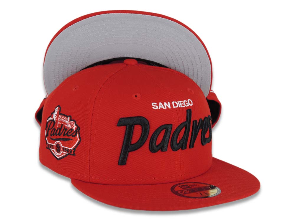 San Diego Padres New Era MLB 59FIFTY 5950 Fitted Cap Hat Red Crown/Visor White/Black Script Logo Established 1969 Side Patch Gray UV