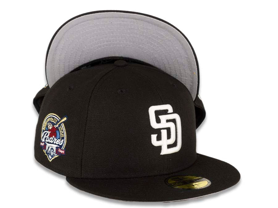 (Youth) San Diego Padres New Era MLB 59Fifty 5950 Fitted Cap Hat Black Crown White Logo 40th Anniversary Side Patch Gray UV