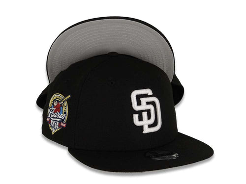 (Youth) San Diego Padres New Era MLB 9FIFTY 950 Snapback Cap Hat Black Crown/Visor White Logo 40th Anniversary Side Patch Gray UV
