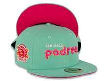 Load image into Gallery viewer, (City Connect Colors) San Diego Padres New Era MLB 59FIFTY 5950 Fitted Cap Hat Teal Crown/Visor Magenta/Yellow/White Script Logo Stadium Side Patch Magenta UV
