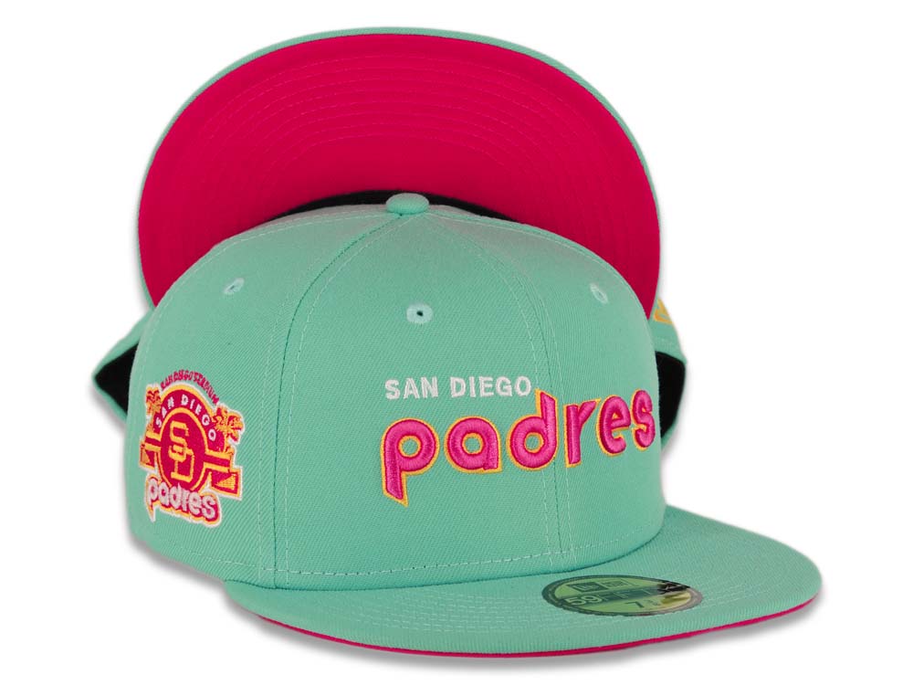 (City Connect Colors) San Diego Padres New Era MLB 59FIFTY 5950 Fitted Cap Hat Teal Crown/Visor Magenta/Yellow/White Script Logo Stadium Side Patch Magenta UV