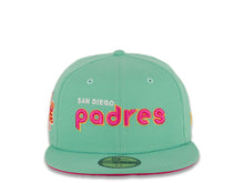 Load image into Gallery viewer, (City Connect Colors) San Diego Padres New Era MLB 59FIFTY 5950 Fitted Cap Hat Teal Crown/Visor Magenta/Yellow/White Script Logo Stadium Side Patch Magenta UV
