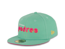 Load image into Gallery viewer, (City Connect Colors) San Diego Padres New Era MLB 59FIFTY 5950 Fitted Cap Hat Teal Crown/Visor Magenta/Yellow/White Script Logo Stadium Side Patch Magenta UV
