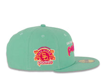 Load image into Gallery viewer, (City Connect Colors) San Diego Padres New Era MLB 59FIFTY 5950 Fitted Cap Hat Teal Crown/Visor Magenta/Yellow/White Script Logo Stadium Side Patch Magenta UV
