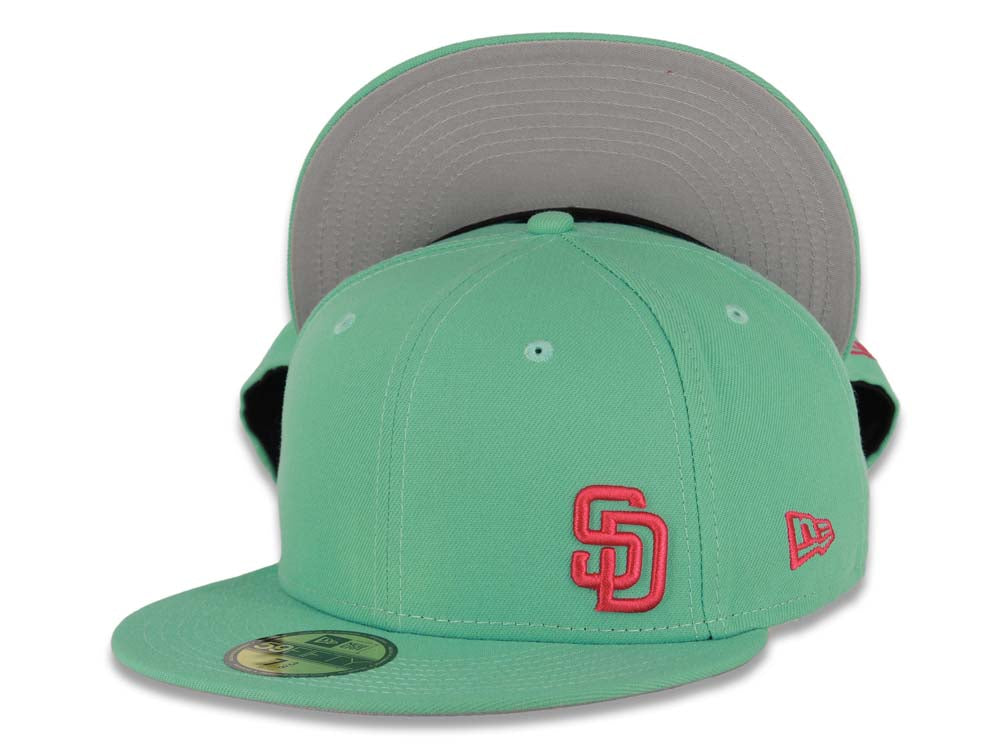 (City Connect Colors) San Diego Padres New Era MLB 59FIFTY 5950 Fitted Cap Hat Light Teal Crown/Visor Magenta Flawless Small Logo Gray UV