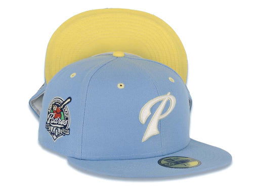 San Diego Padres New Era MLB 59FIFTY 5950 Fitted Cap Hat Sky Blue Crown/Visor Glow White/Light Yellow P Logo 40th Anniversary Side Patch Yellow UV